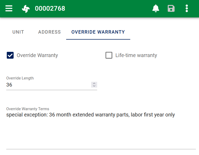 Customer Unit edit form override warranty tab