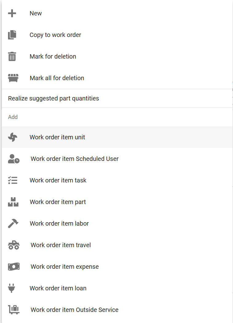 Work order item context menu