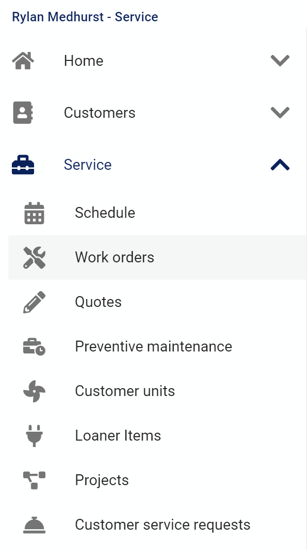 service items in nav drawer for service manager