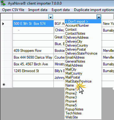 Example image of selecting what field to import into which field in AyaNova