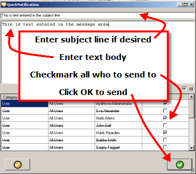 Example image of sending a quick notification to AyaNova users