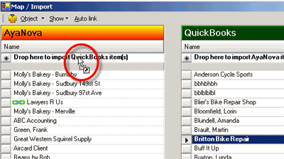 Easily drag and drop to link and/or import AyaNova and QuickBooks clients, items, vendors etc
